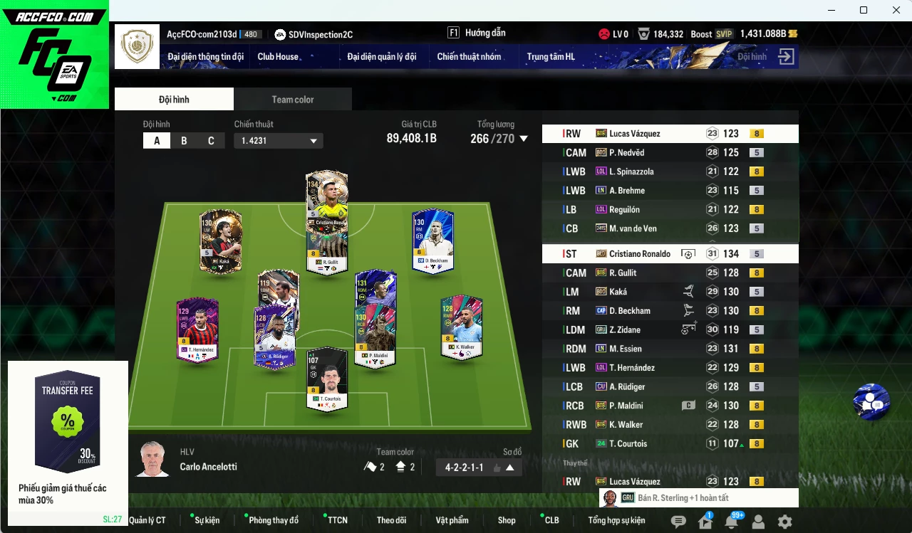 [ACC Rẻ🔥] Quốc Dân 89.400b có CR7 BLD, Zidane GRU, Nedved BDO, Kaká BDO, Maldini BTB, Beckham CAP, Theo LOL, Essien LN, Gullit BTB, Walker BTB, Rudiger CU, Van de Ven TS24... dư 1400b. Dư nhiều CP GIẢM THUẾ. HLV Xịn